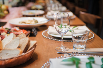 Banquet service. Catering food, snacks with cheese. Salad with shrimp. Different colorful meals for breakfast or lunch time. Restaurant interior