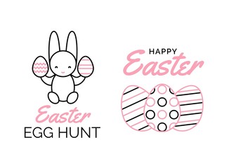 Happy Easter greeting card elements made of simple line drawing and Easter quotes. Cute funny bunny holding Easter eggs. Vector. Religious holiday.