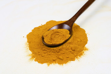 Turmeric powder in a wooden spoon isolated on a white background is an ingredient in turmeric foods and ingredients in skin care products. Turmeric helps the skin to be strong.