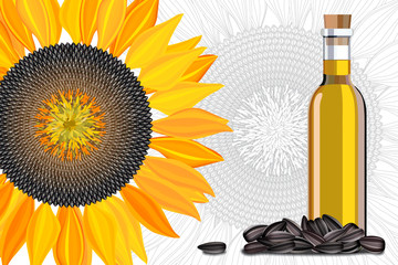 Bottle of sunflower oil with flower on a white background.