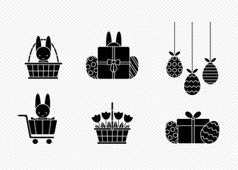 Easter icon set. Collection of symbols for religious holiday. Hanging decorative eggs. Spring flower tulip basket. Cute funny bunny hiding or sitting. Vector