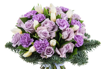 Fresh, lush bouquet of colorful flowers for present isolated on white background. Wedding winter bouquet of purple and white roses and freesia flowers. Christmas bouquet