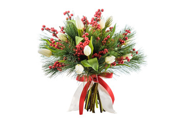 Christmas bouquet. Fresh, lush bouquet of colorful flowers for present isolated on white background. Wedding bouquet of white tulips, red berries and freesia flowers