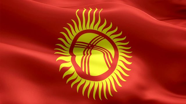 Kyrgyz flag Closeup 1080p Full HD 1920X1080 footage video waving in wind. National &lrm;&lrm;&lrm;&lrm;Osh&lrm;&lrm; 3d Kyrgyz flag waving. Sign of Kyrgyzstan seamless loop animation. Kyrgyz flag HD resolution Background 108