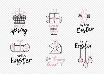 Easter illustration set made of Easter typography and line icons in black and pink color. Isolated clipart. Spring flowers tulip, Easter funny bunny and eggs. Great for posters and cards.