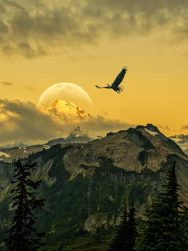 Moon rising over mountain with eagle