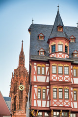 Romerberg city old square in central Frankfurt with medieval buildings