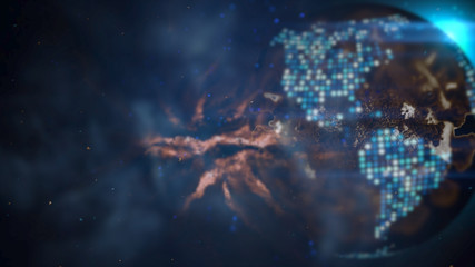 The planet earth transforms to virus on dark blue background of bacteria. 3d illustration for corona virus or COVID-19 attack the world. Virus illustration concept for poster and banner.