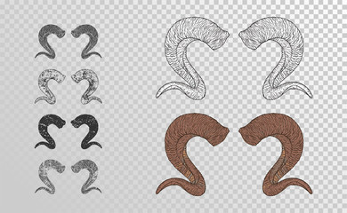 Vector set of hand drawn horns ram with grunge elements in different versions on a transparent background.