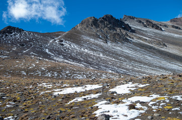 Snowy mountain with ice melting.
