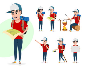 Tourist man vector character set. Male hiker characters in different activity poses summer adventure while standing and holding map, taking pictures and walking isolated in white background. 