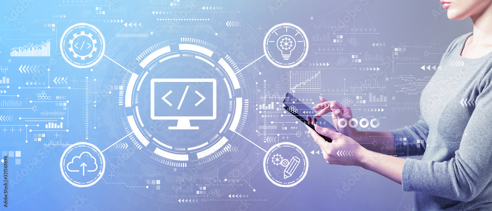 Poster web development concept with business woman using a tablet computer