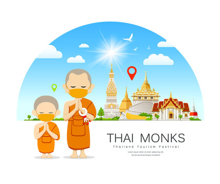 Vector Monks and novices Thailand, with in put fabric yellow mask, prevent communicable diseases on thailand Place of respect for faith architecture design background, illustration