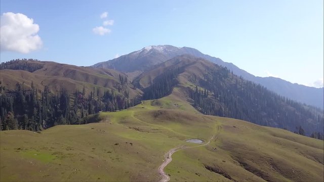 Aerial view of trekking path at babusar Top Makra peak in north pakistan mountains