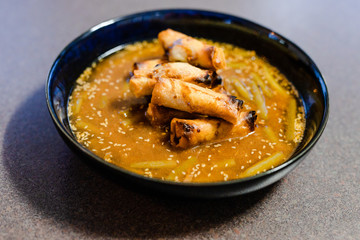 spicy asian soup with vegan broth and vegetable spring rolls