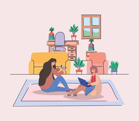 Girls with smartphone and laptop at home vector design