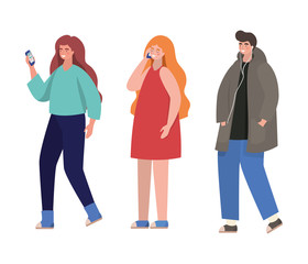 Boy and girls with smartphones vector design