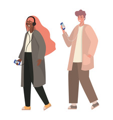 Boy and girl with smartphones vector design
