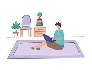 Fototapeta premium Boy with laptop at home vector design
