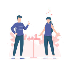 a man is proposing a woman with a ring in a cafe flat illustration. love vector illustration