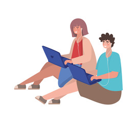 Girl and boy with laptops vector design