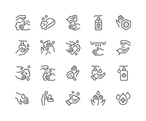 Simple Set of Washing Hands Related Vector Line Icons.  Contains such Icons as Washing Instruction,  Antiseptic, Soap and more. Editable Stroke. 48x48 Pixel Perfect.