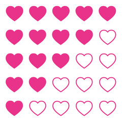 User or product rating icons. Customer review with pink hearts. Flat design vector for apps and websites