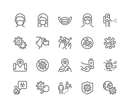 Simple Set of Coronavirus COVID-19 Safety Related Vector Line Icons. Contains such Icons as Washing Hands, Outbreak Map, Man and Woman Wearing Face Mask and more. Editable Stroke. 48x48 Pixel Perfect.