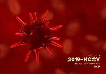 Novel Coronavirus (2019-nCoV). Virus Covid 19-NCP. Coronavirus nCoV denoted is single-stranded RNA virus. Background with 3d realistic viral cells. Closeup view under microscope. Vector illustration