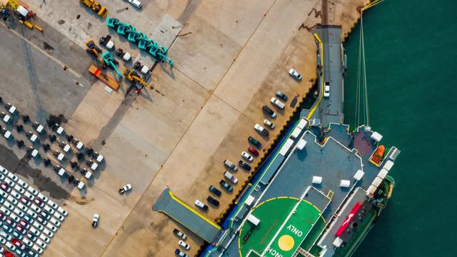 Aerial view ro-ro ship, Cargo ship transportation of business logistic sea freight, New Cars produced by year up in the port for Cargo ship and Cargo import-export around in the world