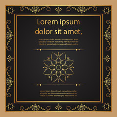 Vintage floral ornament border, Hand drawn decorative element, vector illustration of gold floral frame with black background, Retro design template for page decoration cards, wedding, banner