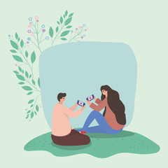 Girl and boy with smartphones and leaves vector design