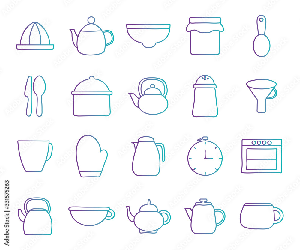 Wall mural Cook and kitchen decorative elements gradient style icon set vector design