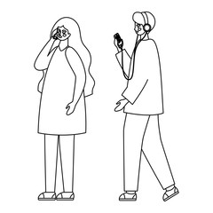 Boy and girl with smartphones vector design