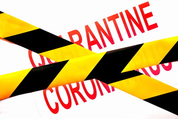 Background concept on virus coronavirus global outbreak and quarantine. Barrier ribbon for no entry at quarantine zone. Crossed out black yellow striped border tape Words quarantine and coronavirus