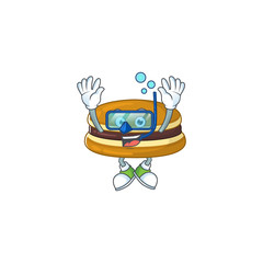 A cartoon design of dorayaki trying Diving glasses