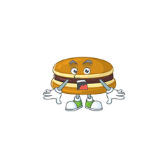 A mascot design of dorayaki making a surprised gesture