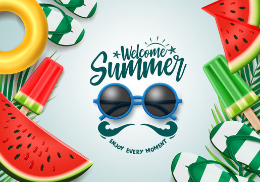 Summer vector banner design. Welcome summer text with sunglasses, tropical fruits and beach elements for holiday season. Vector illustration. 