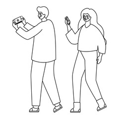 Boy and girl with smartphones vector design