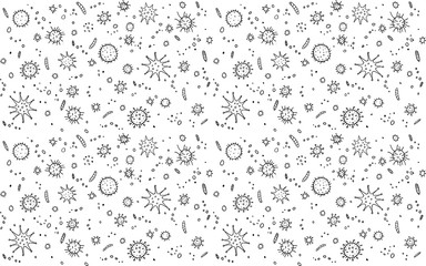 Virus, Coronavirus. Background, pattern, frame with outline Molecules and cells viral bacteria infection. Simple doodle black and white icons. Microbiology