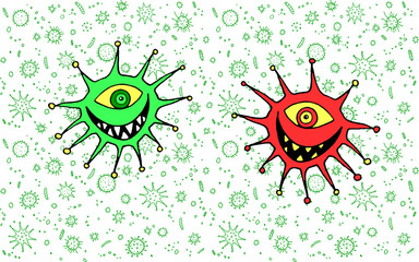 Fototapeta premium Cartoon virus character illustration. Character icon monster microbe pathogen. Background and texture