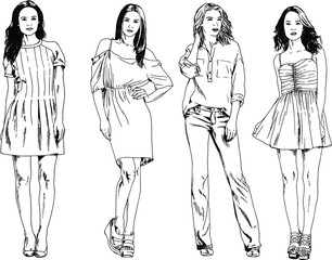 vector drawings on the theme of beautiful slim sporty girl in casual clothes in various poses painted ink hand sketch with no background