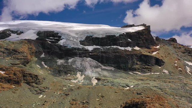 Aerial, tracking, drone shot of the Monte Rosa glacier and massif, in Aosta valley, Italy