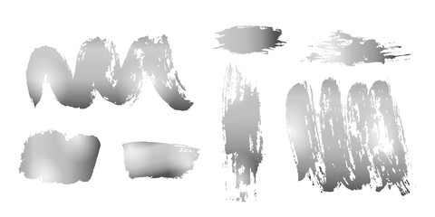 Vector set of hand drawn decorative elements with silver texture for design. Brush strokes grunge design elements. Collection of gold ink vector spots