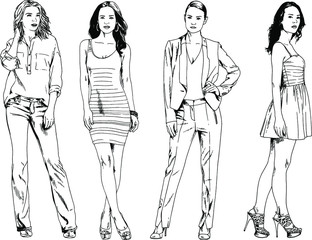 vector drawings on the theme of beautiful slim sporty girl in casual clothes in various poses painted ink hand sketch with no background