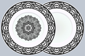 Set of two Decorative Ornament With Mandala and round frame. Home Decor Background. Illustration. For Coloring Book, Greeting Card, Invitation, Tattoo. Anti-Stress Therapy Pattern. Vector