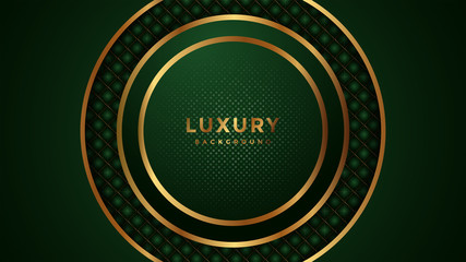abstract green background with circle gold lines. dark textured green background. isolated on dots and golden lines.
