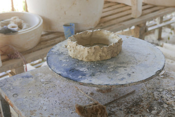 Selective focus of Handmade traditional Malay craft known as 'labu sayong'processed using moulds.It is a hand made water storage container. Clay pottery arts.
