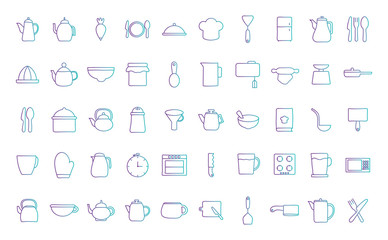 Cook and kitchen decorative elements gradient style icon set vector design