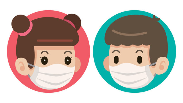 Flat art of female and male wearing protective surgical mask icons - vector 